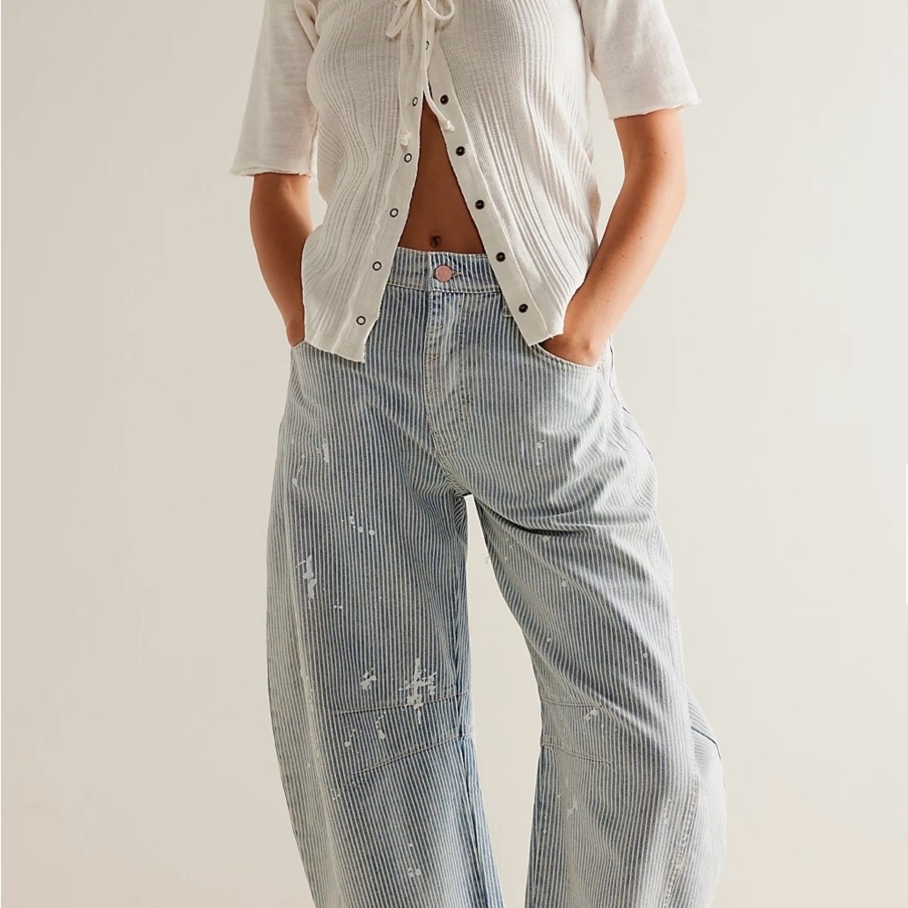 We The Free Striped Blue Railroad Barrel jeans.